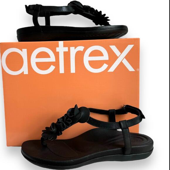 Aetrex Women’s Charlie Black Leather T-strap Thong Flat Sandal Size 8.5 NEW - Picture 3 of 11